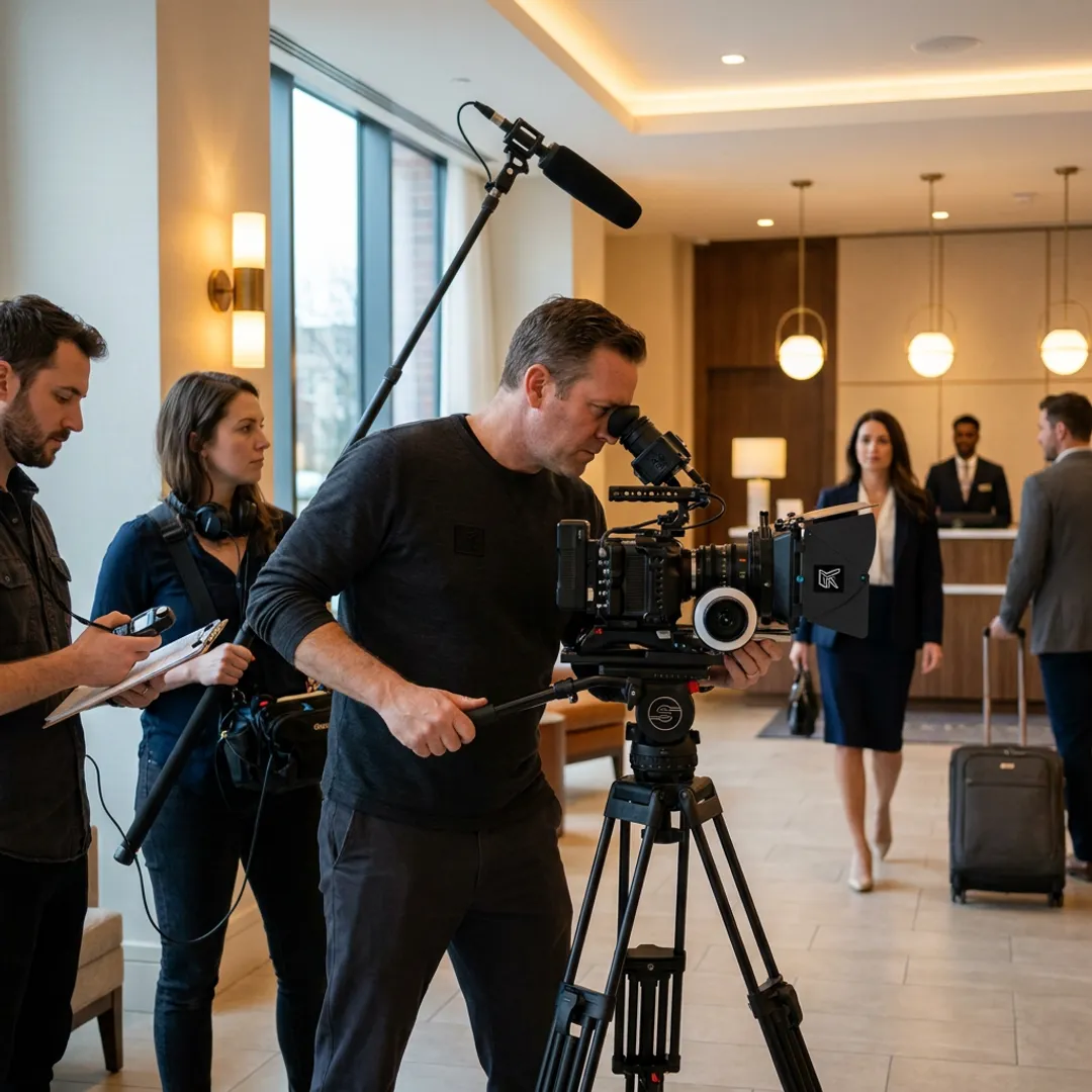 Hospitality video crew filming a luxury hotel lobby