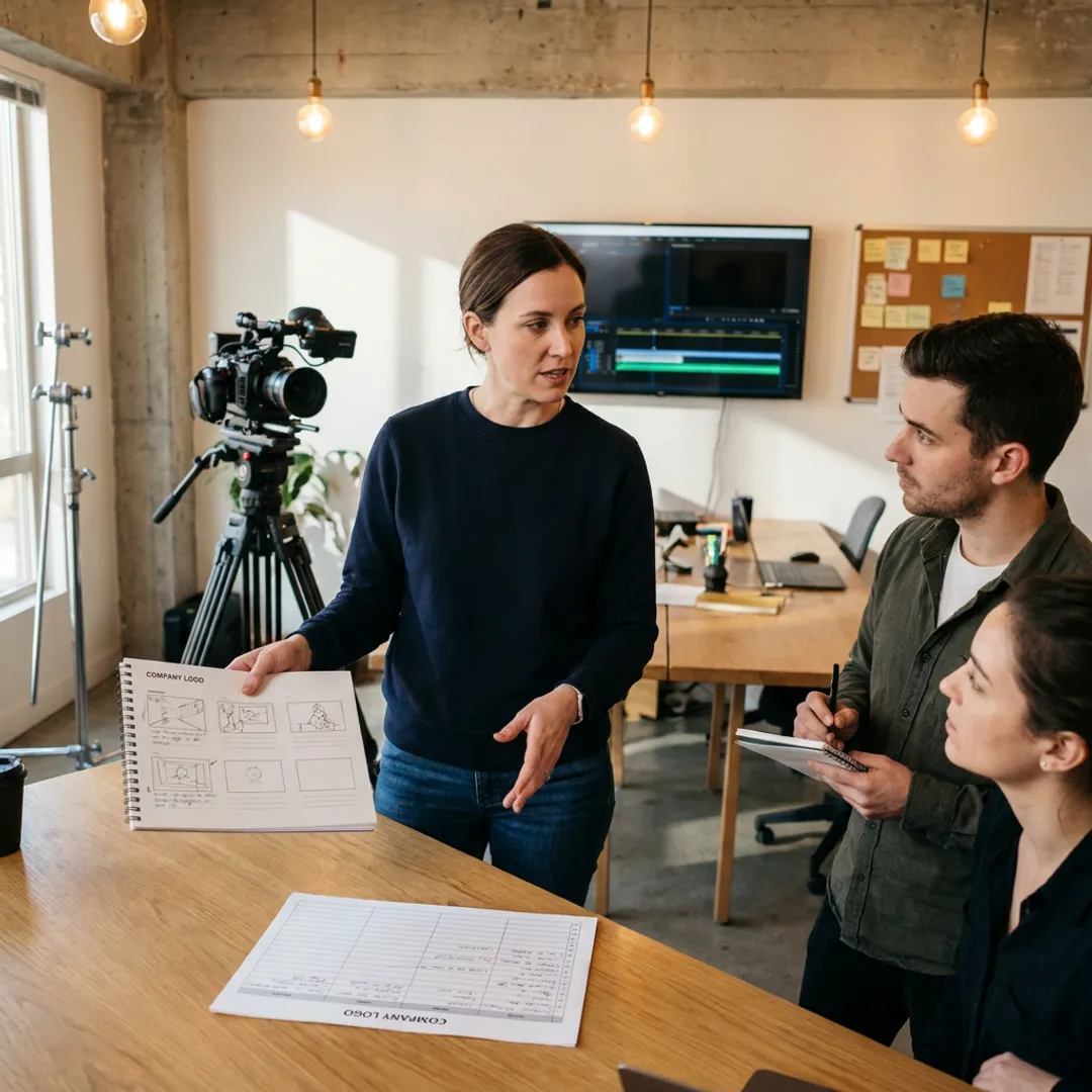 Producer reviewing a brand video storyboard with crew