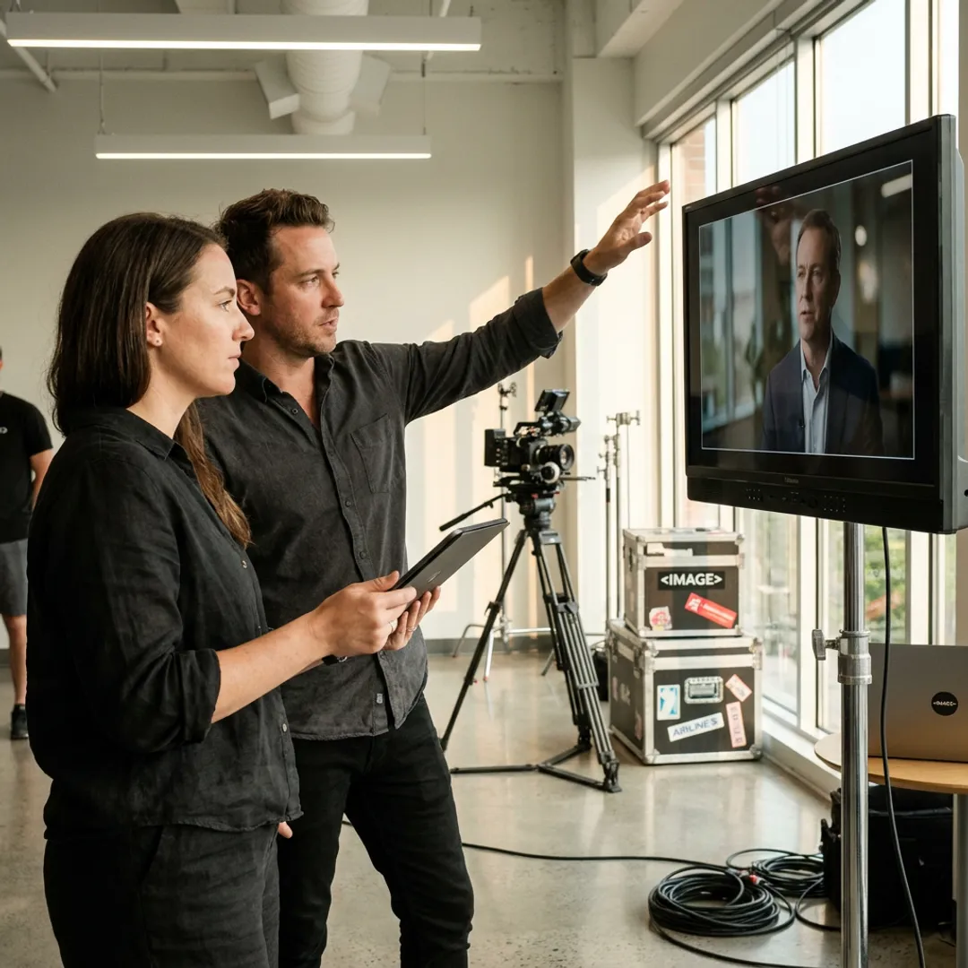 Video production team reviewing footage on set