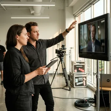 Video production team reviewing footage on set