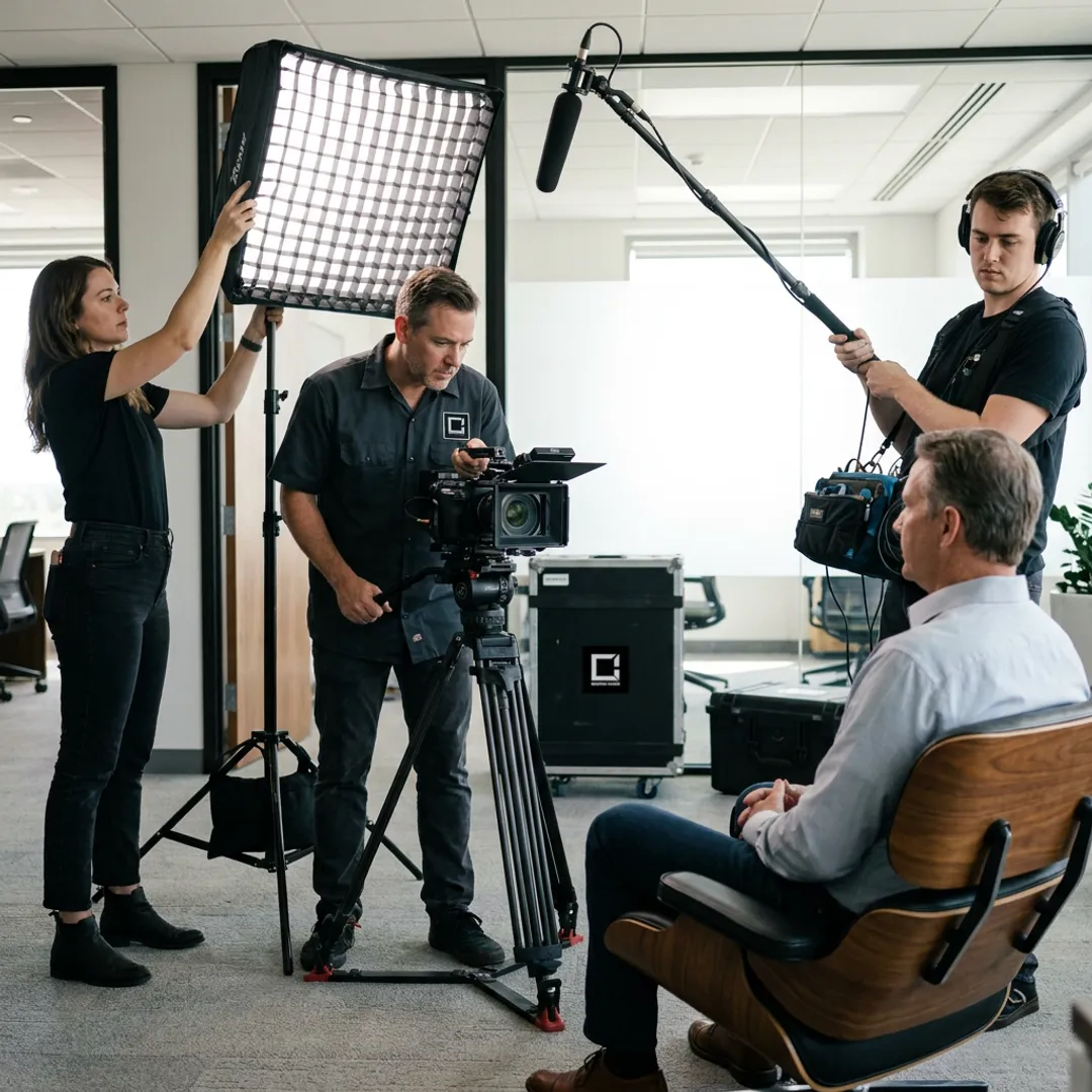 Corporate video crew filming an executive interview