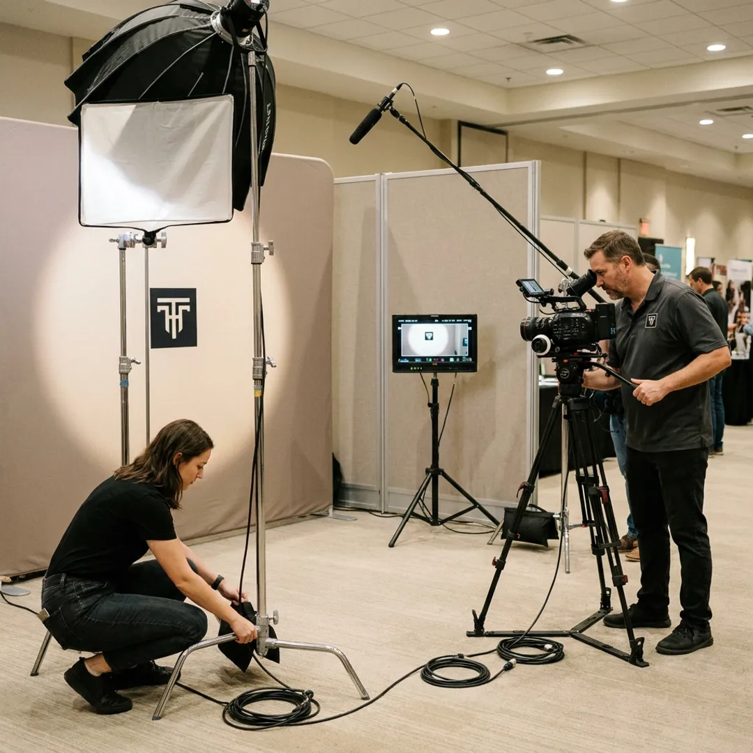 Crew setting up a testimonial video booth