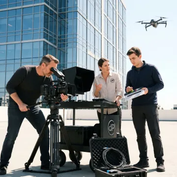 Drone filming a professional video production crew