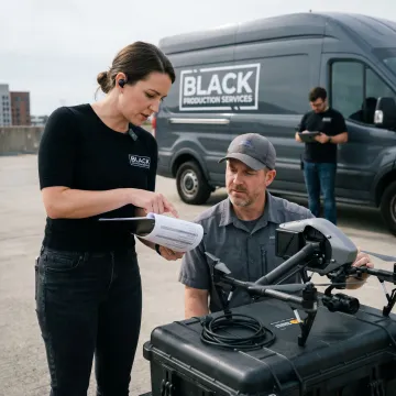 Video production crew planning drone footage