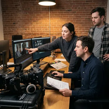 Documentary crew reviewing footage during production