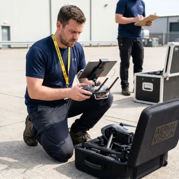 Drone pilot preparing aerial filming equipment