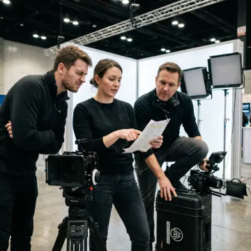 Trade show video production crew planning booth coverage