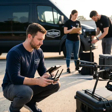 Drone pilot preparing aerial video equipment