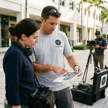 Drone production crew planning an aerial shoot