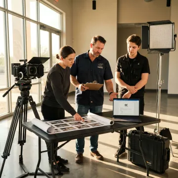 Video production team planning a shoot