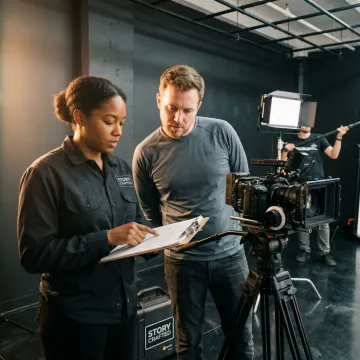 Documentary crew planning an interview setup