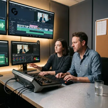 Post-production team reviewing video edits