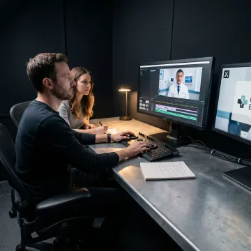 Healthcare video production team reviewing footage