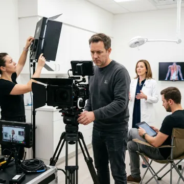 Healthcare video production crew filming a doctor interview