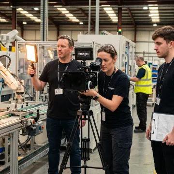 Video crew filming a manufacturing production line