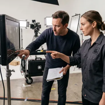 Commercial production team reviewing footage on set