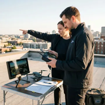 Drone crew planning aerial video shoot