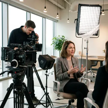 Film crew recording a customer story interview