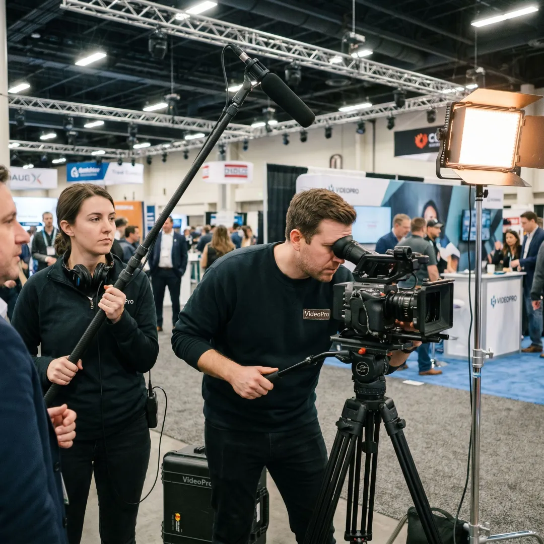 Trade show video crew filming a busy exhibition booth