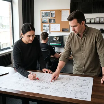 Animated corporate video production workspace