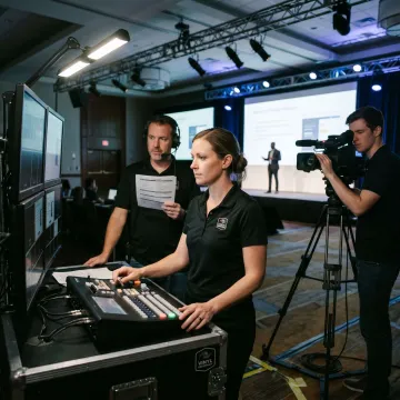 Video production crew managing cameras and live stream equipment