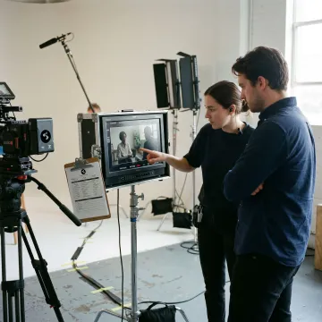 Video production team reviewing footage on set
