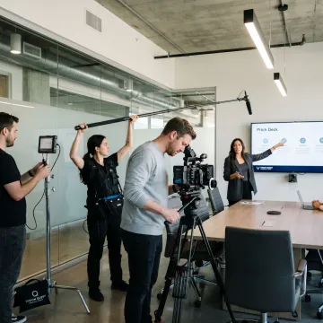 Investor pitch video filming in a startup boardroom