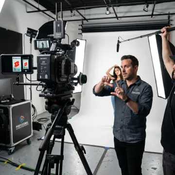 YouTube Shorts video production set with camera and smartphone preview