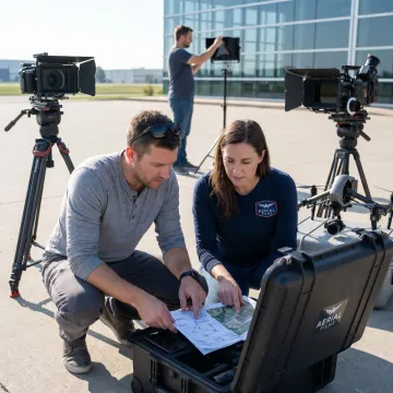 Drone pilot planning aerial video shoot with production crew