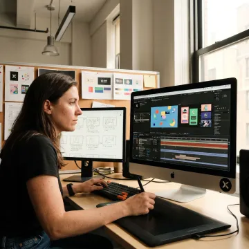 Motion graphics designer creating 2D animation in NYC studio