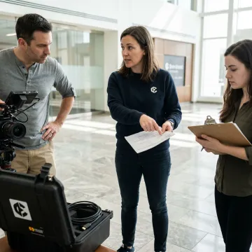 Producer planning a corporate video shoot with crew