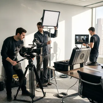 Corporate video crew filming in a New Jersey office