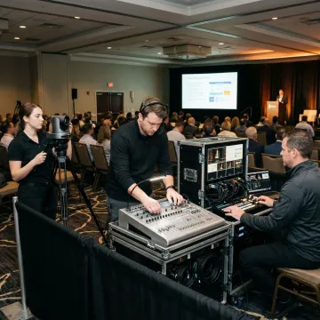 Video production team managing event cameras and audio
