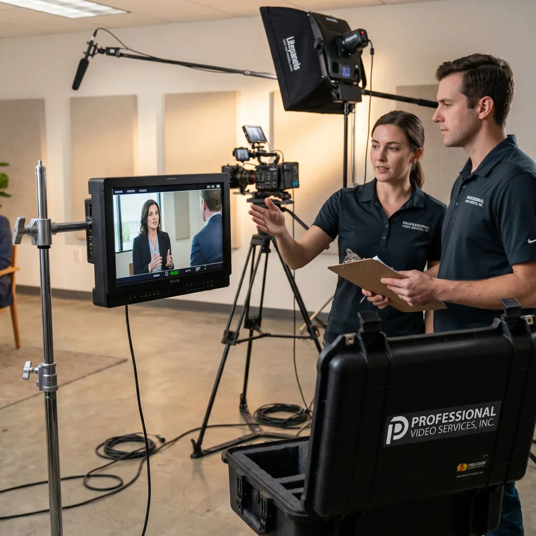 Video production team reviewing footage on set