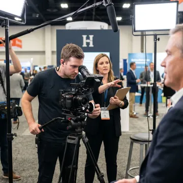 Video production team filming a trade show interview