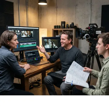 Video production team reviewing footage