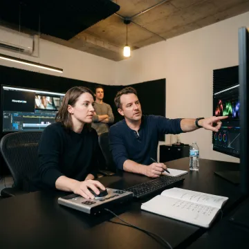 Post-production team reviewing a video edit