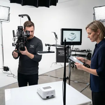 Medical device video production crew filming a product demo