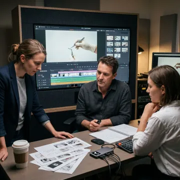 Video production team reviewing medical device footage