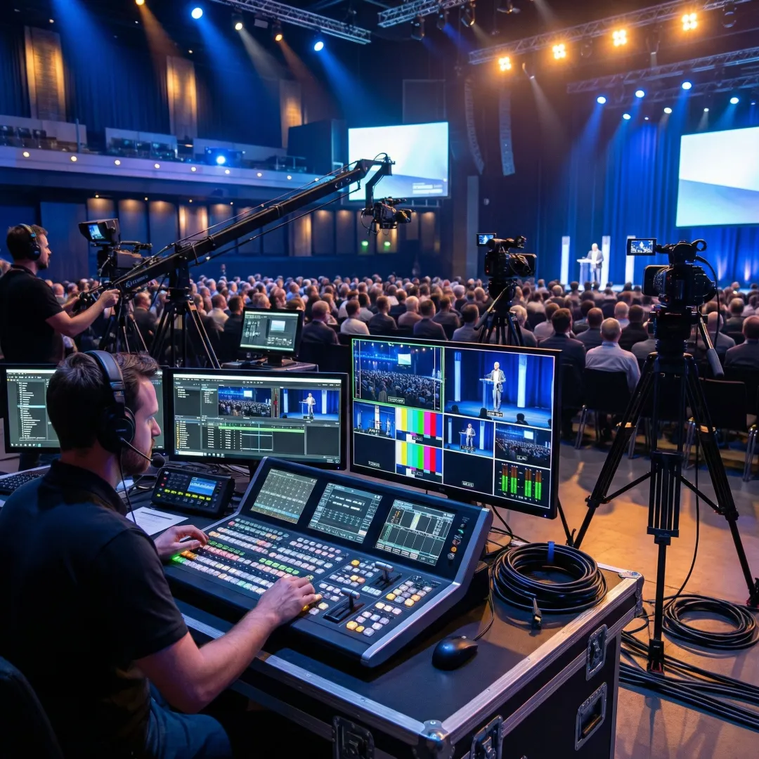 Professional multi-camera live streaming setup at corporate event
