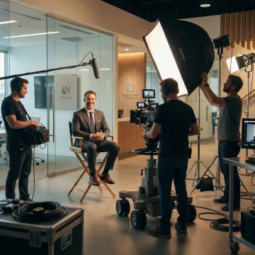 Professional video production crew filming a corporate interview in a modern office setting