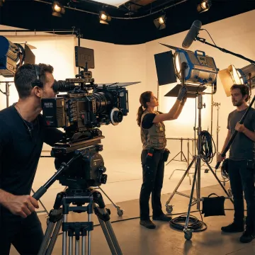 Professional video production crew filming with cinema camera on set