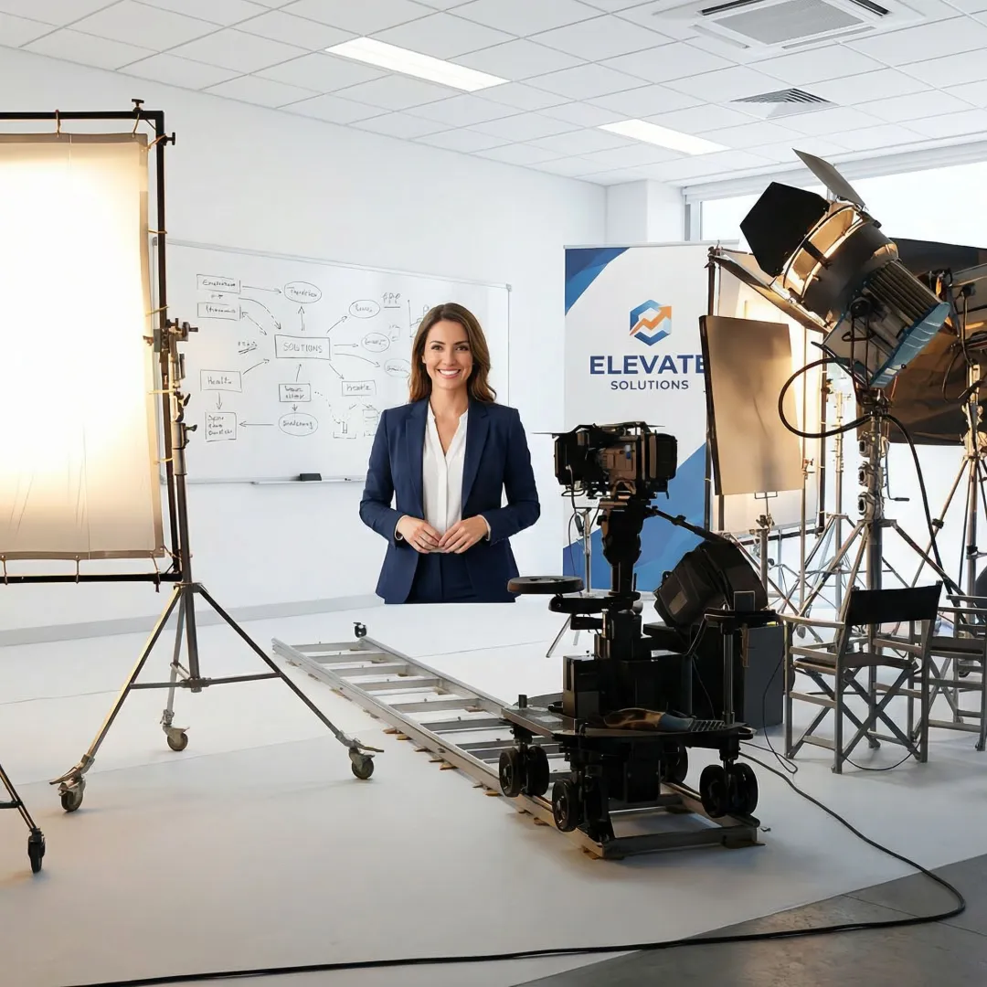 Professional corporate training video production setup with camera crew filming business instructor