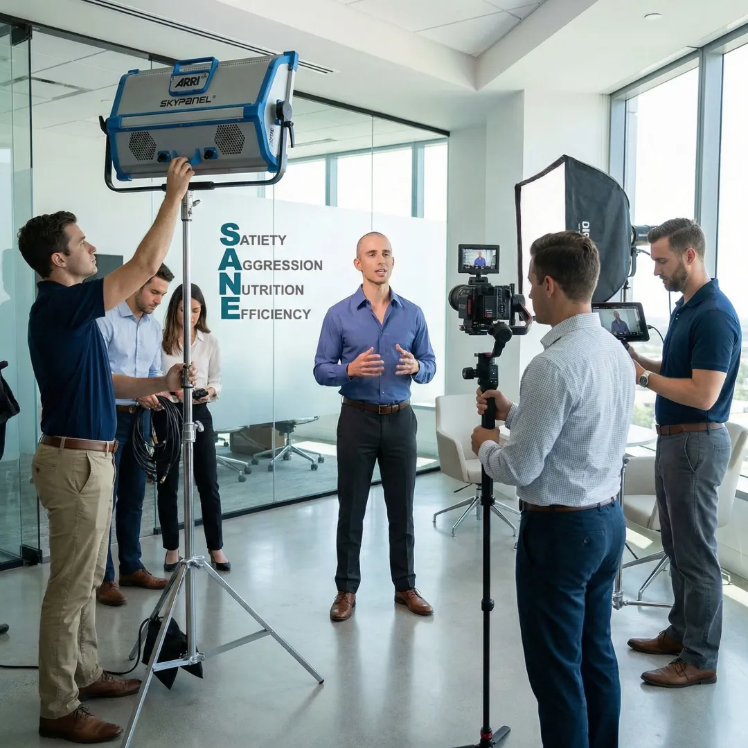 Corporate training video production crew setting up professional equipment and lighting