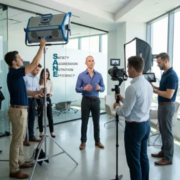 Corporate training video production crew setting up professional equipment and lighting