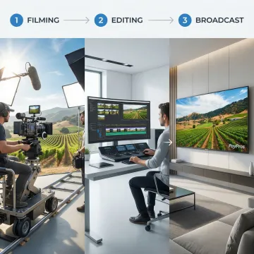 Video production workflow showing cameras, editing workstation, and final video output