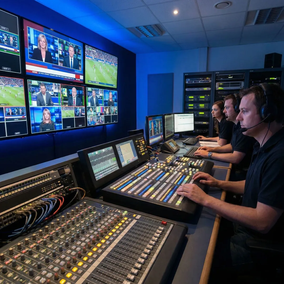 Live streaming control center with video switcher and multiple monitor feeds