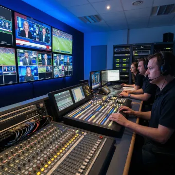 Live streaming control center with video switcher and multiple monitor feeds
