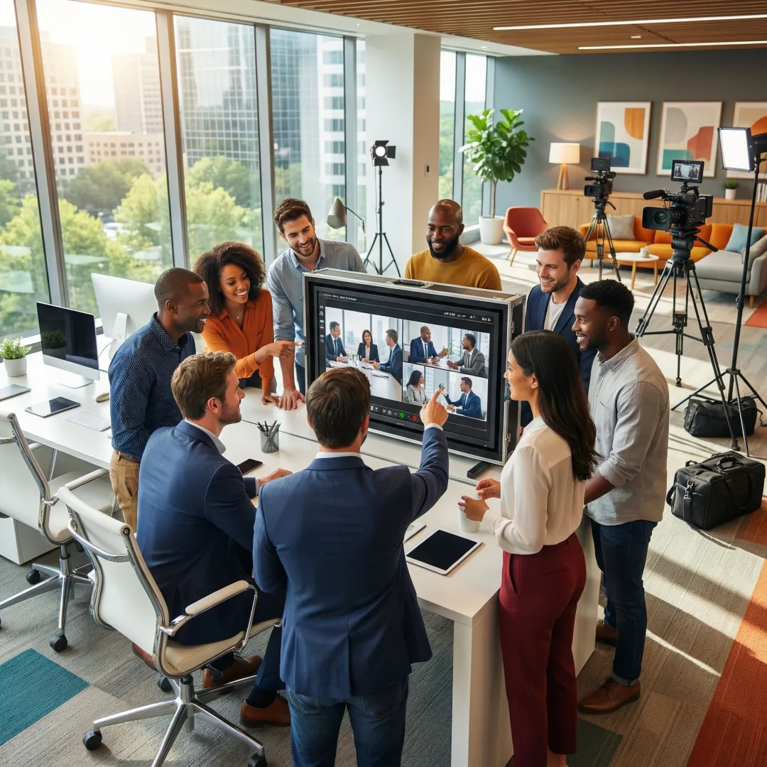 Video production team reviewing footage on monitor during a corporate shoot