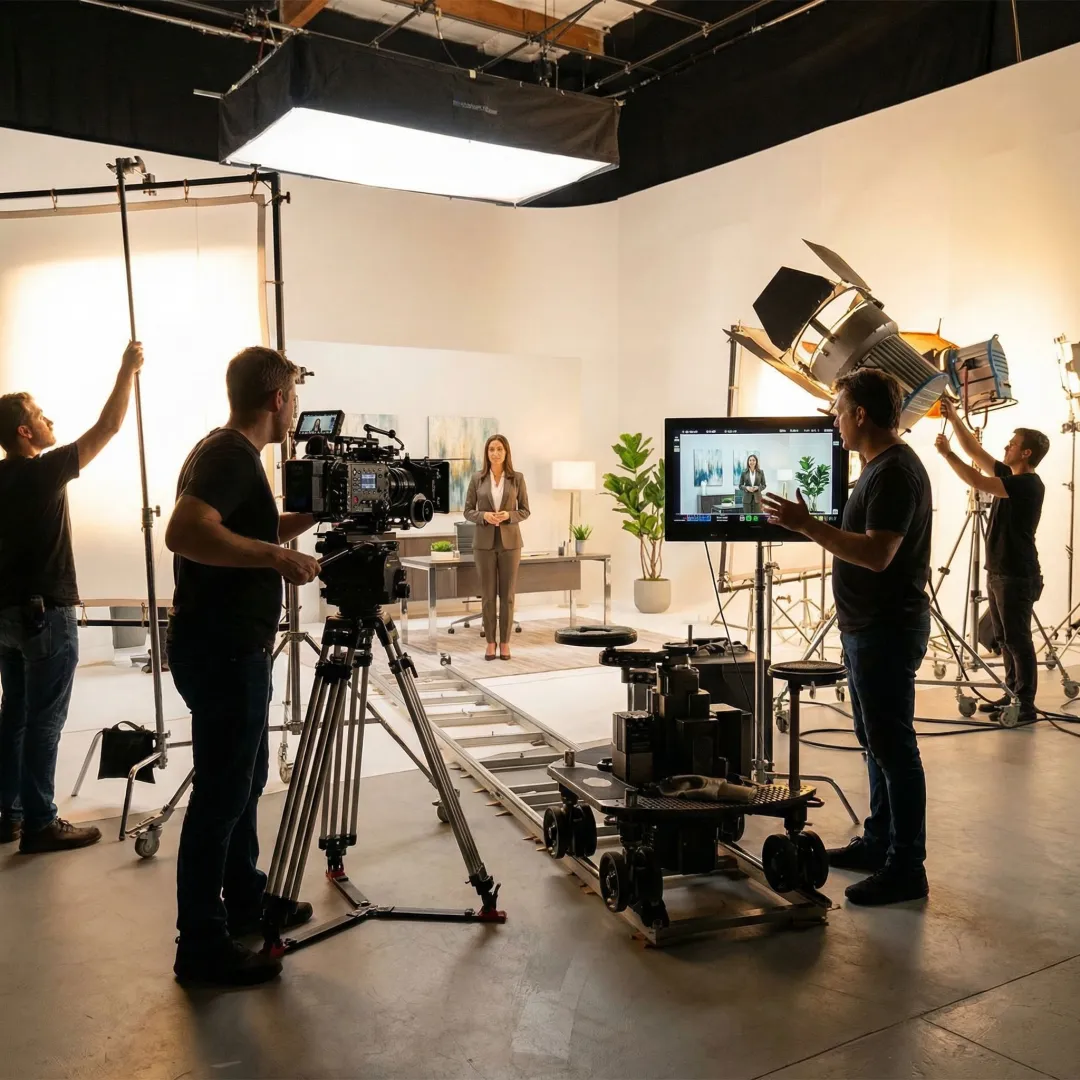 Professional video production crew filming a corporate marketing video on set
